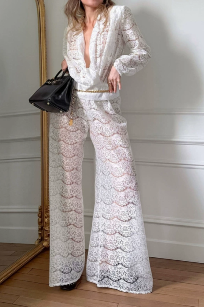 ✨Street & Party White Lace Deep V Long Sleeve Two Piece Set🤍
