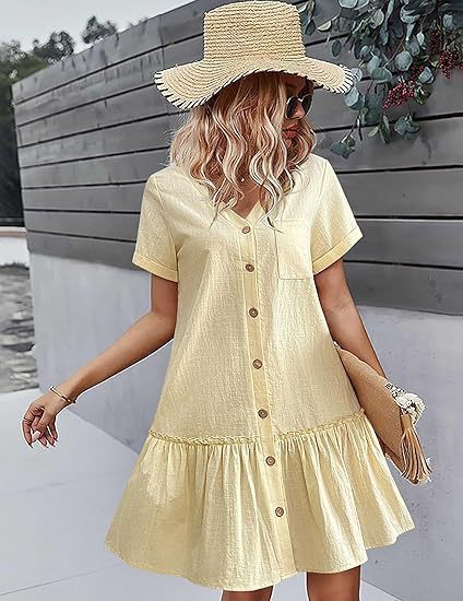 ✨Daily Casual & Weekend Single Breasted Ruffled Hem Short Sleeve Dress🌿