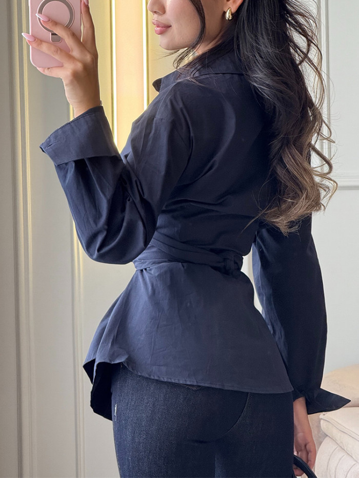 ✨Commute & Daily Lapel Cross Waist Solid Color Long Sleeve Blouse🌿