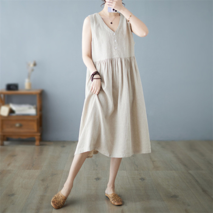 ✨Daily Casual & Summer V Neck Button Down Cotton Linen Sleeveless Midi Dress🌿