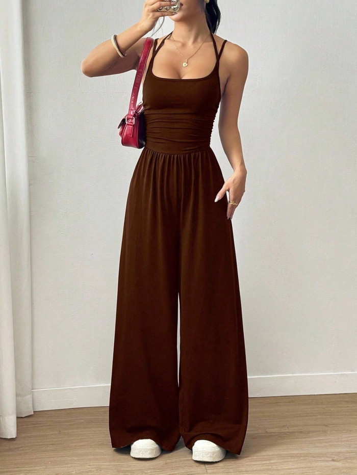 ✨Street & Daily Halter Neck Ruched Sleeveless High Waist Wide Leg Jumpsuit✨