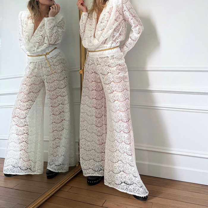 ✨Street & Party White Lace Deep V Long Sleeve Two Piece Set🤍