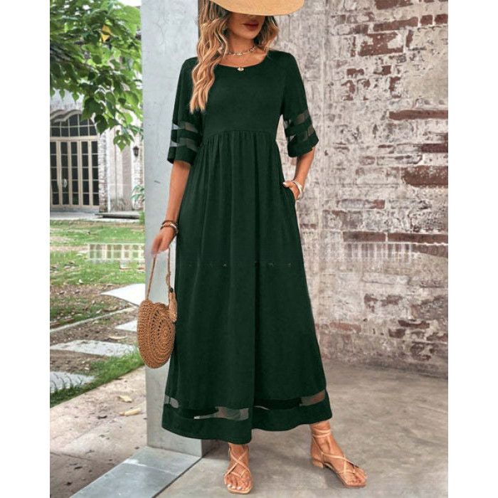 ✨Daily Casual & Shopping Round Neck Mesh Splicing Quarter Sleeve Pocket Dress🍃