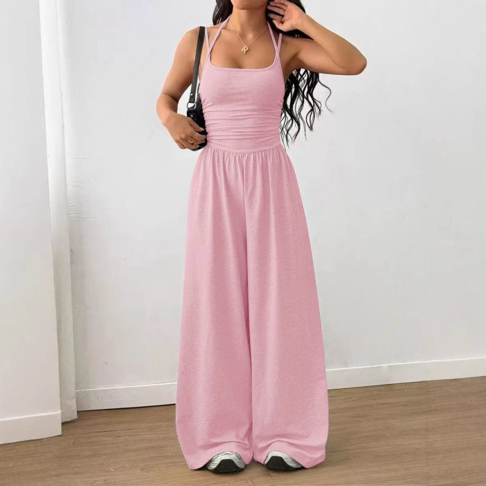 ✨Street & Daily Halter Neck Ruched Sleeveless High Waist Wide Leg Jumpsuit✨