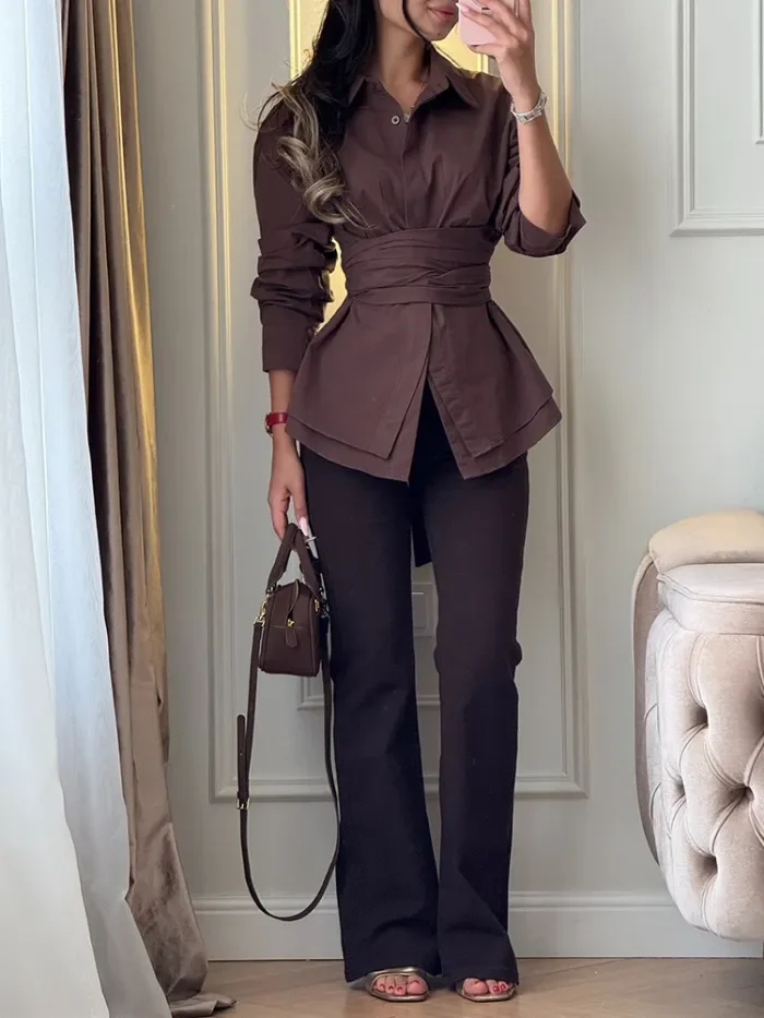 ✨Commute & Daily Lapel Cross Waist Solid Color Long Sleeve Blouse🌿