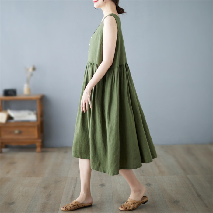 ✨Daily Casual & Summer V Neck Button Down Cotton Linen Sleeveless Midi Dress🌿