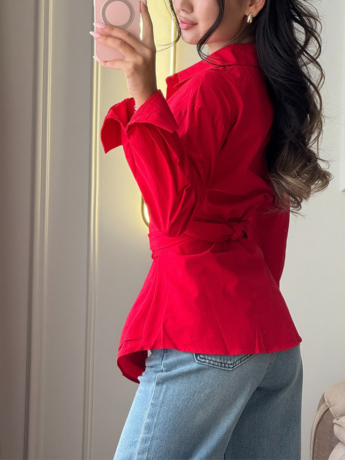 ✨Commute & Daily Lapel Cross Waist Solid Color Long Sleeve Blouse🌿