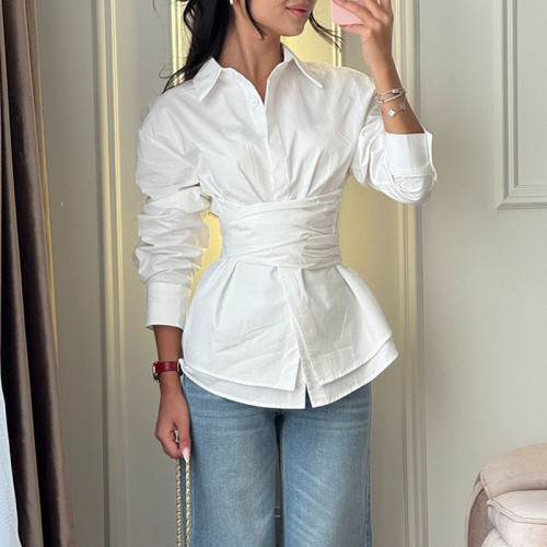 ✨Commute & Daily Lapel Cross Waist Solid Color Long Sleeve Blouse🌿