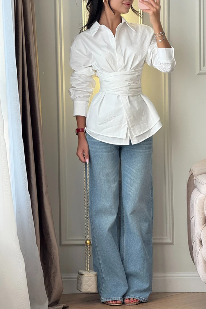 ✨Commute & Daily Lapel Cross Waist Solid Color Long Sleeve Blouse🌿