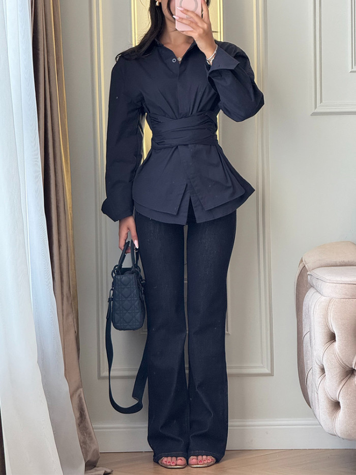 ✨Commute & Daily Lapel Cross Waist Solid Color Long Sleeve Blouse🌿