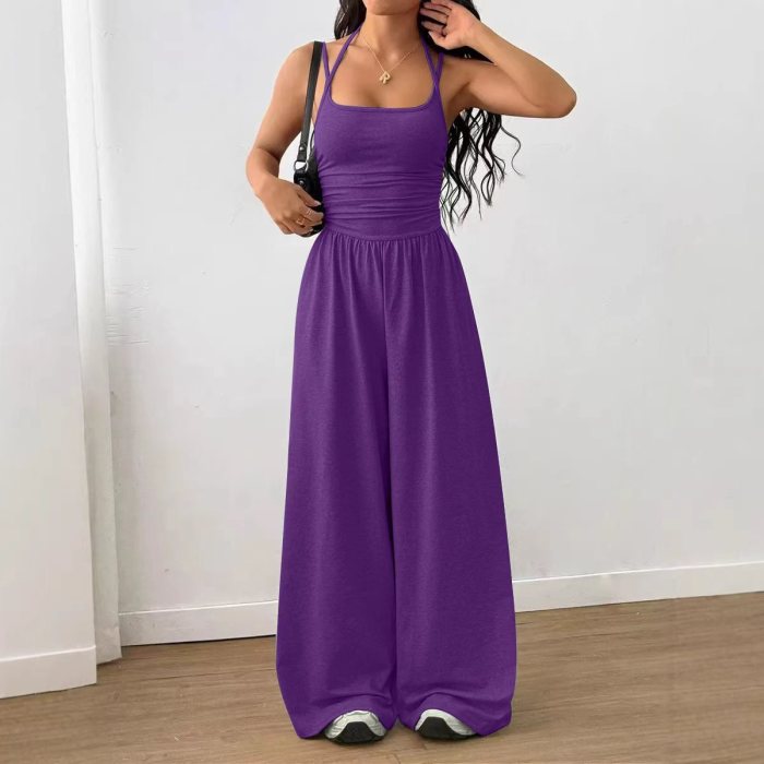 ✨Street & Daily Halter Neck Ruched Sleeveless High Waist Wide Leg Jumpsuit✨