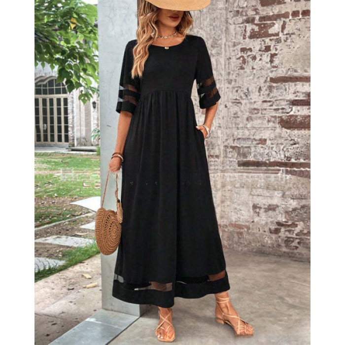 ✨Daily Casual & Shopping Round Neck Mesh Splicing Quarter Sleeve Pocket Dress🍃