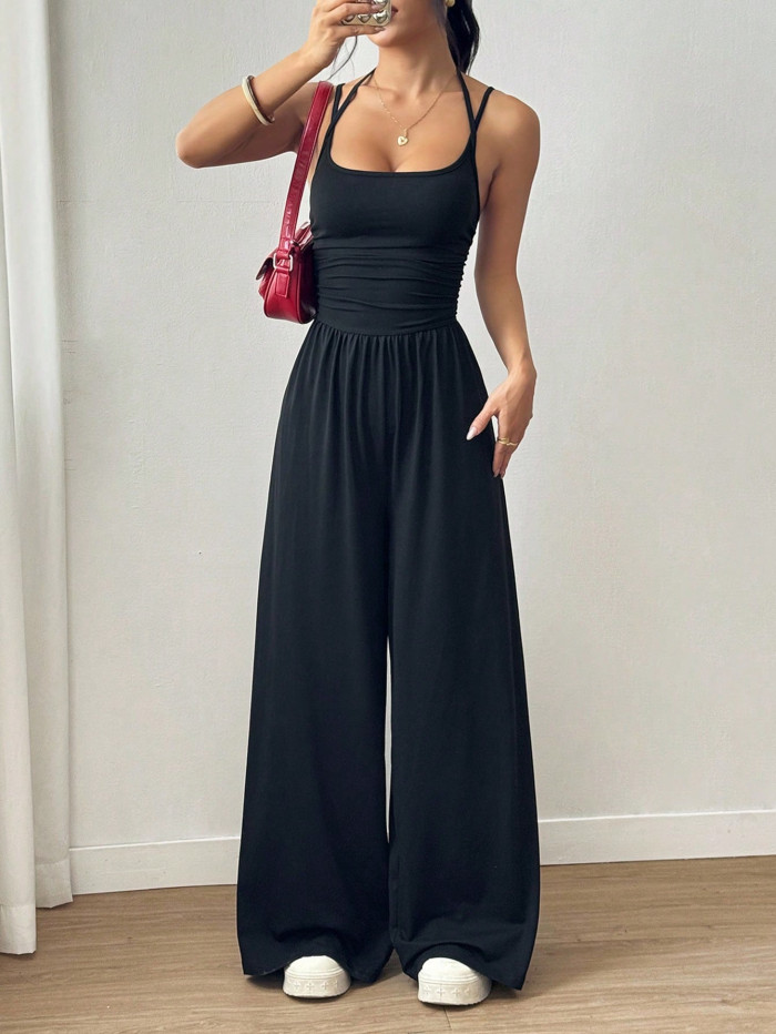 ✨Street & Daily Halter Neck Ruched Sleeveless High Waist Wide Leg Jumpsuit✨