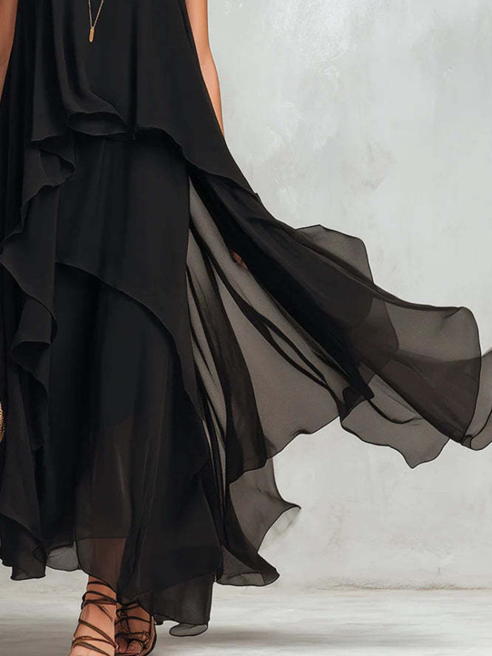 ✨Holiday & Street O-Neck Sleeveless Irregular Hem Black Maxi Dress🖤