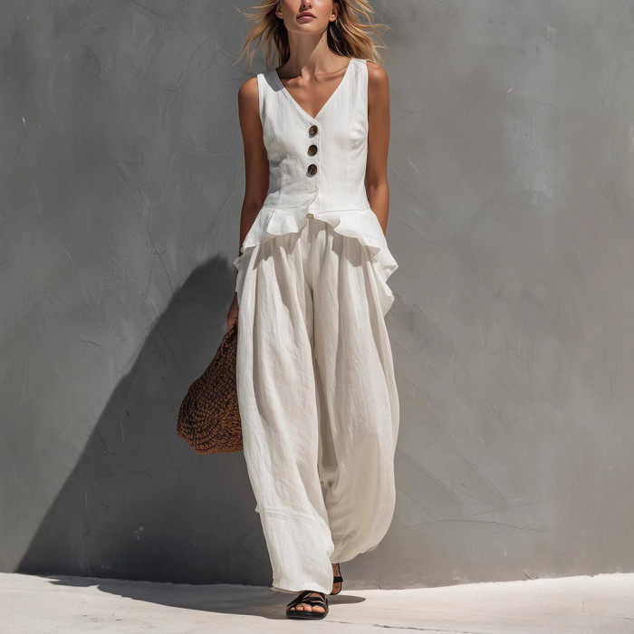 ✨Vacation & Daily Vintage Linen Blend Sleeveless Vest Wide Leg Pants Set🌿