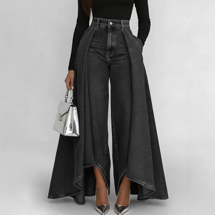 ✨Street & Daily High Waist Overlay Flare Wide Leg Denim Jeans💙