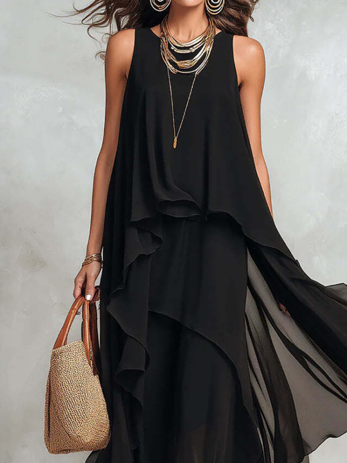 ✨Holiday & Street O-Neck Sleeveless Irregular Hem Black Maxi Dress🖤