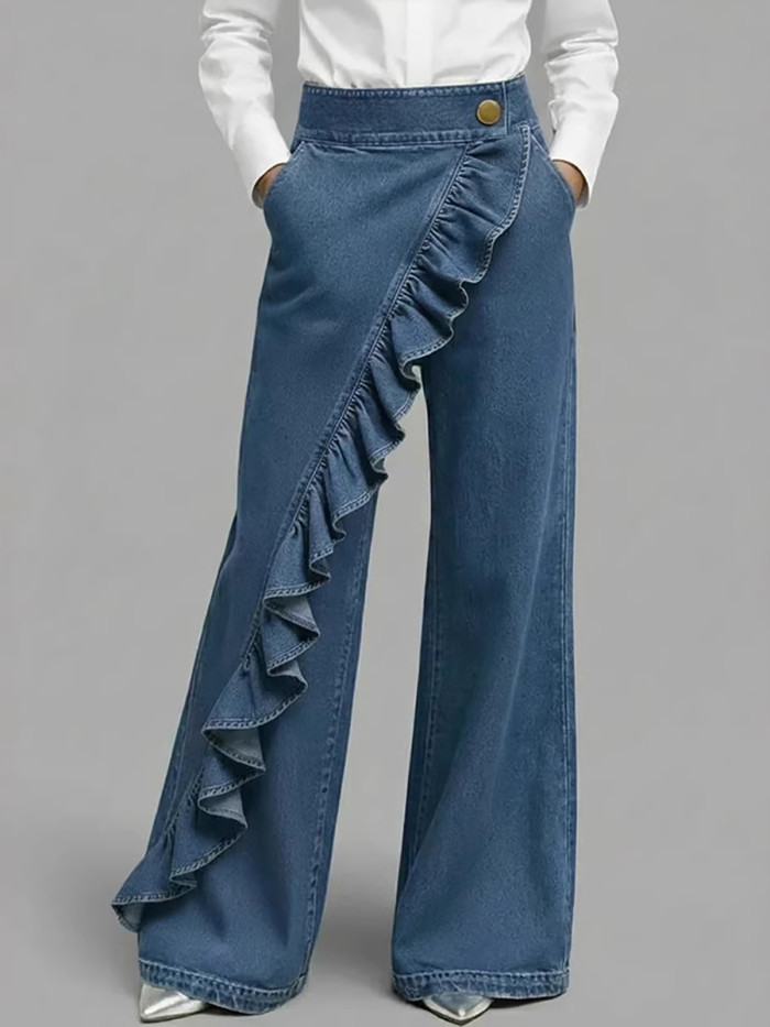 ✨Daily & Street High Waist Asymmetrical Ruffle Wide Leg Denim Pants🌿