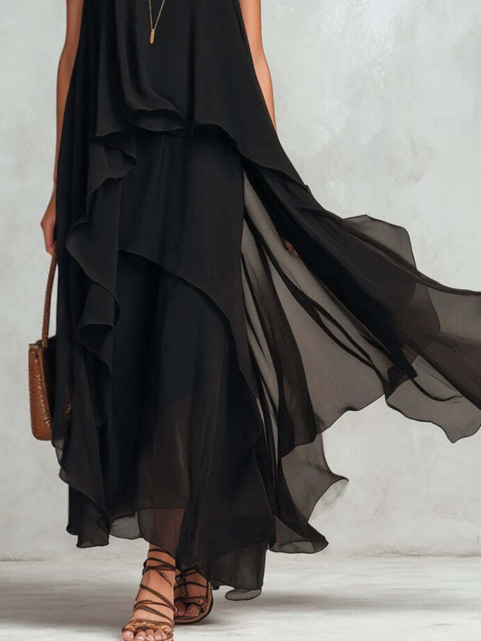 ✨Holiday & Street O-Neck Sleeveless Irregular Hem Black Maxi Dress🖤