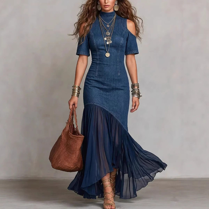 ✨Street & Party Off Shoulder Denim Patchwork Mesh Ruffle Fishtail Maxi Dress🌷