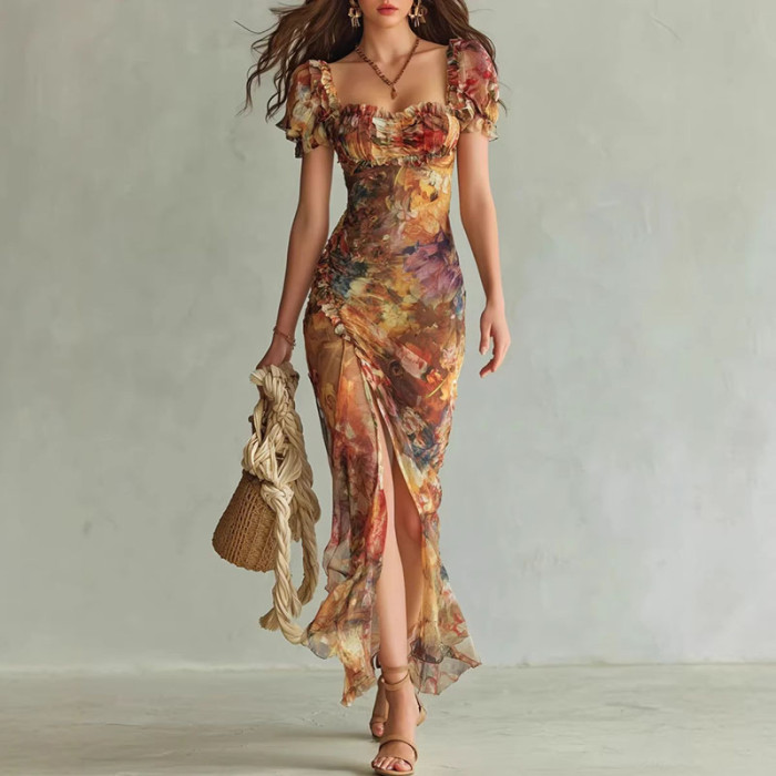 ✨Boho & Party Square Collar Puff Sleeve Floral Print Split Maxi Dress🌸