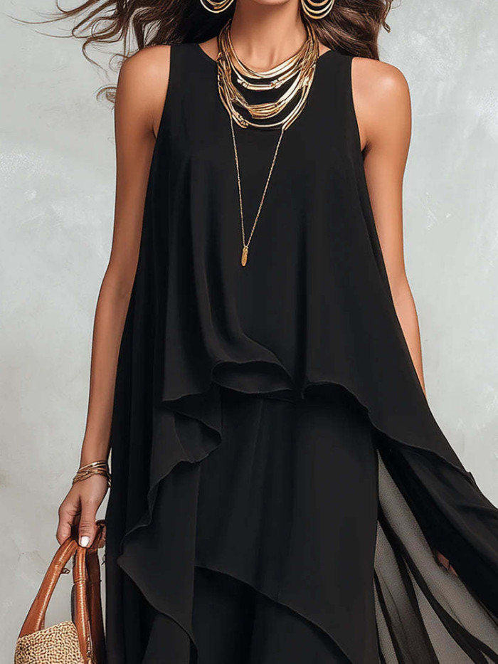 ✨Holiday & Street O-Neck Sleeveless Irregular Hem Black Maxi Dress🖤