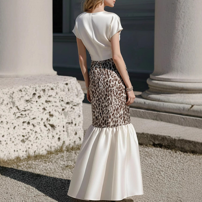 ✨Office & Party Leopard Print Satin Ruched Crop Top Mermaid Skirt Two Piece Set🐆