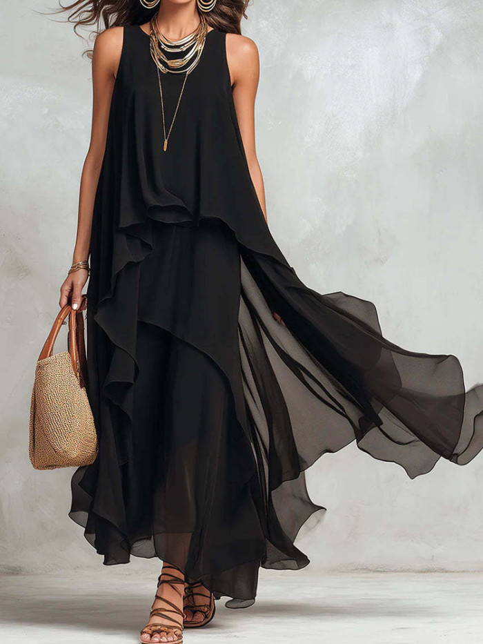 ✨Holiday & Street O-Neck Sleeveless Irregular Hem Black Maxi Dress🖤