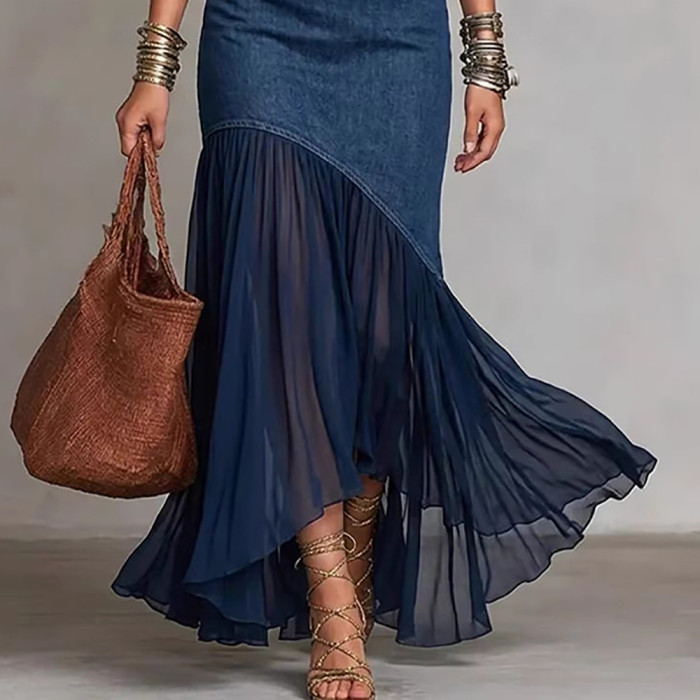 ✨Street & Party Off Shoulder Denim Patchwork Mesh Ruffle Fishtail Maxi Dress🌷