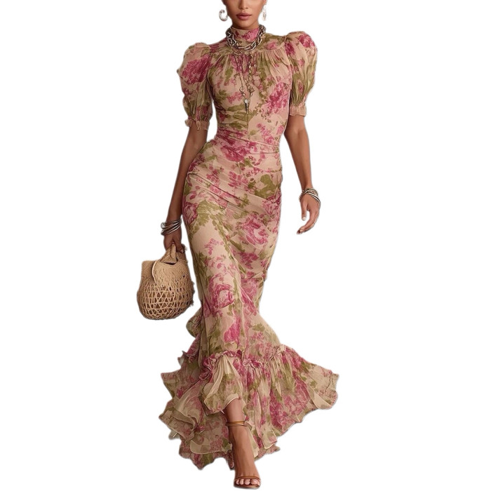 ✨Evening & Party Floral Print Mesh Lace Splicing Mermaid Long Dress🌸