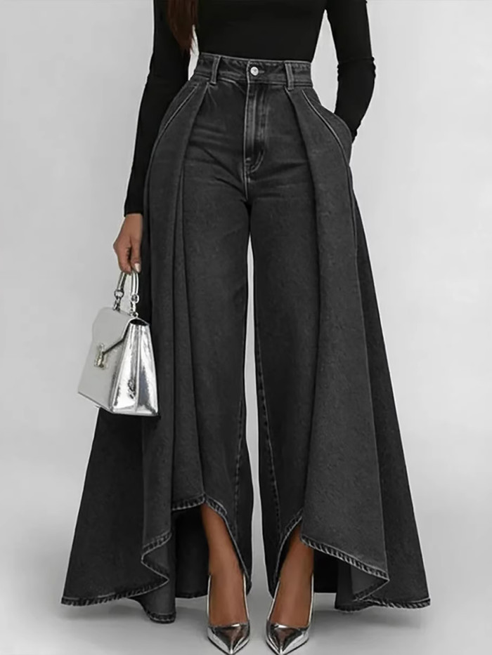 ✨Street & Daily High Waist Overlay Flare Wide Leg Denim Jeans💙