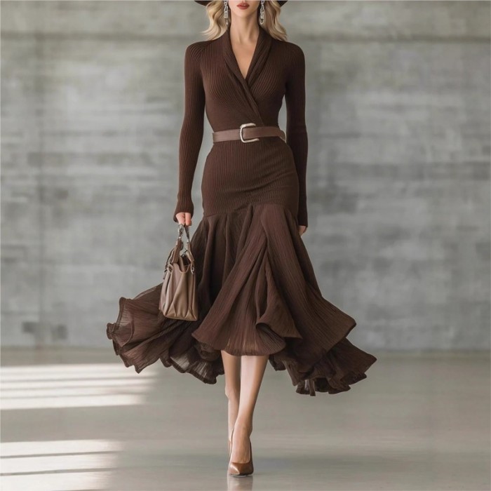 ✨Formal & Party Brown Ribbed Knit Surplice V Neck Midi Dress🤎