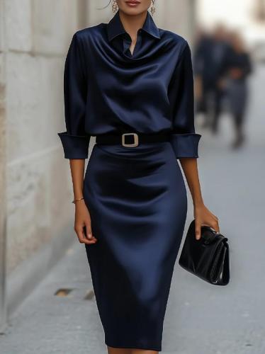 ✨Office & Banquet Lapel Long Sleeve Solid Color High Waist A-line Dress🌿