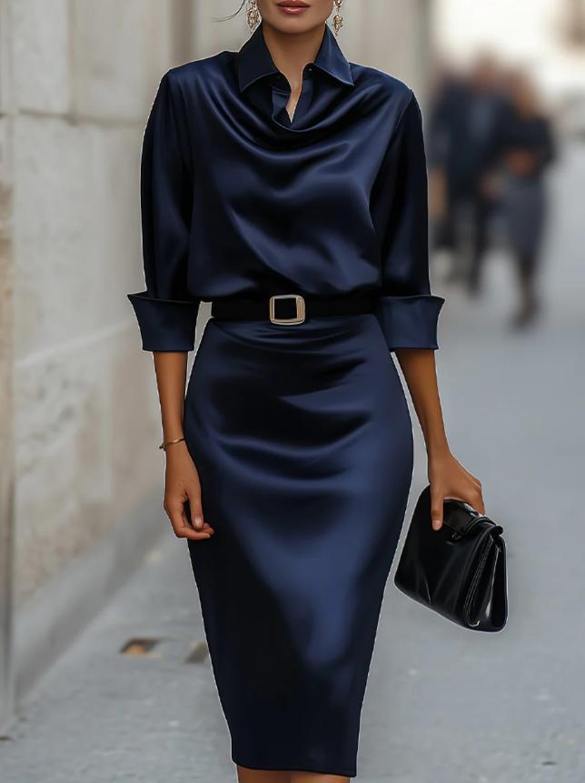 ✨Office & Banquet Lapel Long Sleeve Solid Color High Waist A-line Dress🌿