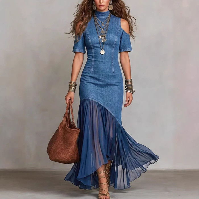 ✨Street & Party Off Shoulder Denim Patchwork Mesh Ruffle Fishtail Maxi Dress🌷