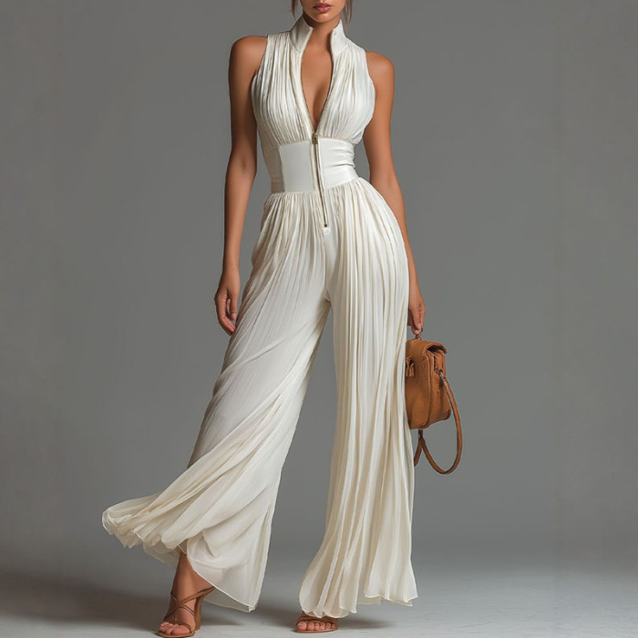 ✨Vacation & Party Deep V Neck Hollow Zip Sleeveless Wide Leg Jumpsuit🖤