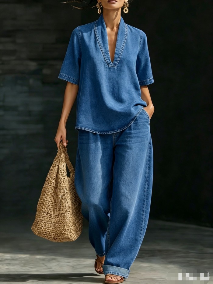 ✨Office & Holiday V-neck Short Sleeve Solid Denim Two Piece Set🌿