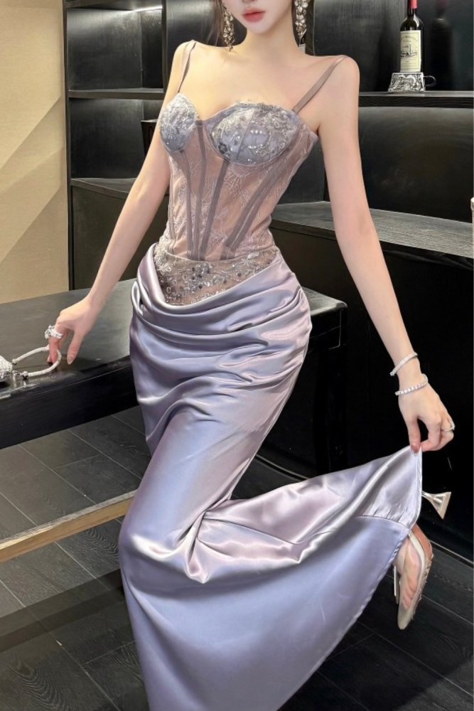 ✨Birthday & Party Draped Patchwork Off Shoulder Suspender Wrap Hip Long Dress💫
