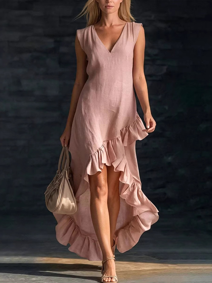 ✨Vacation & Casual Linen Blend V-Neck Sleeveless High Low Ruffle Hem Maxi Dress🌿
