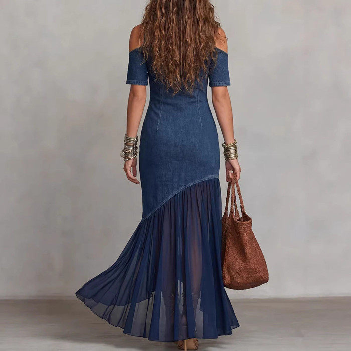 ✨Street & Party Off Shoulder Denim Patchwork Mesh Ruffle Fishtail Maxi Dress🌷