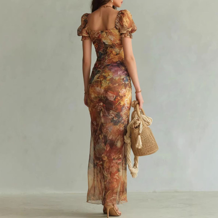 ✨Boho & Party Square Collar Puff Sleeve Floral Print Split Maxi Dress🌸