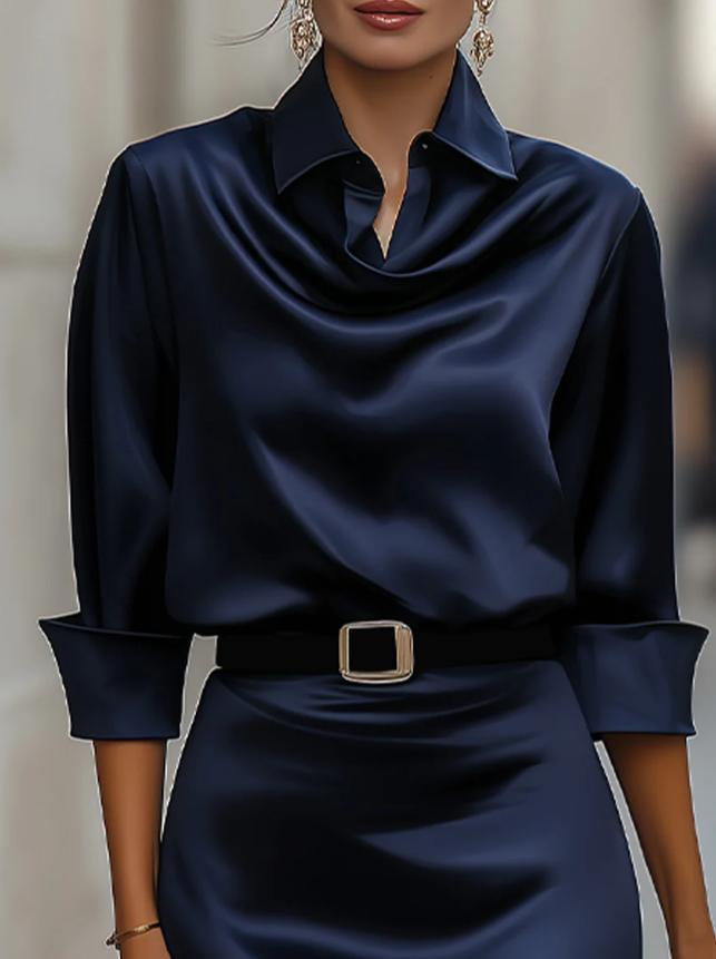 ✨Office & Banquet Lapel Long Sleeve Solid Color High Waist A-line Dress🌿