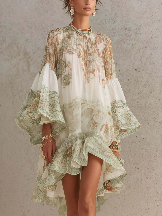 ✨Beach & Boho Floral Print Flare Sleeve Irregular Hem Mini Dress🌸
