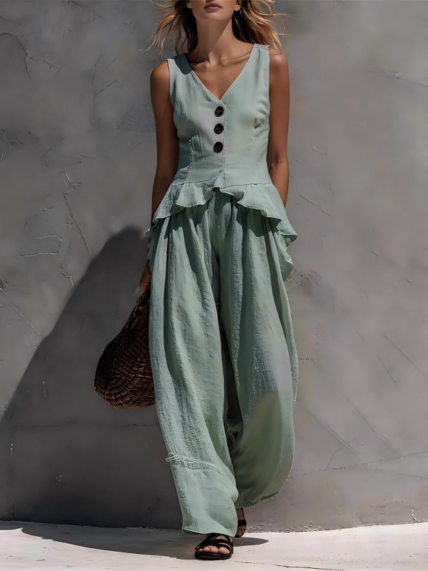 ✨Vacation & Daily Vintage Linen Blend Sleeveless Vest Wide Leg Pants Set🌿
