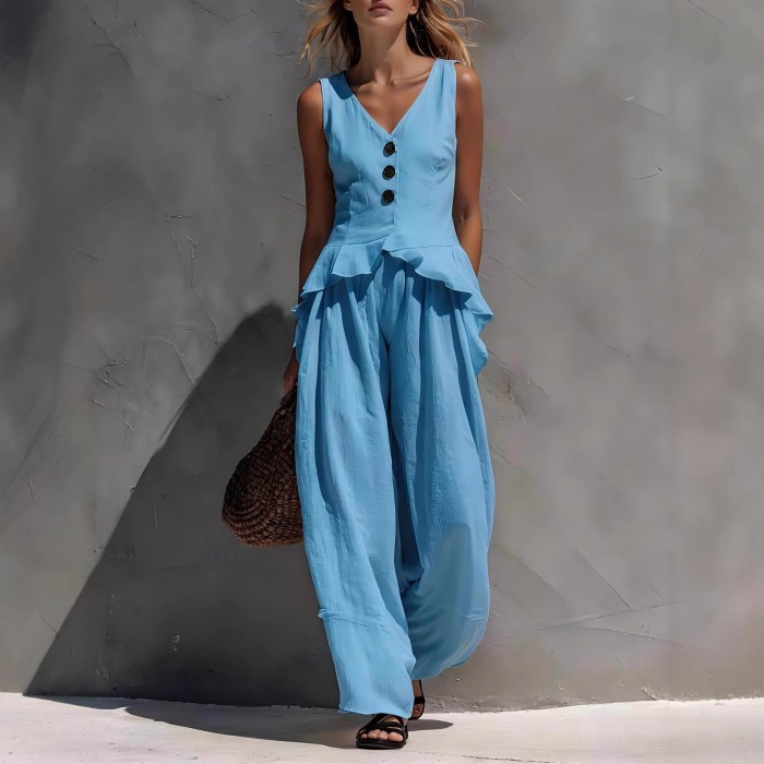 ✨Vacation & Daily Vintage Linen Blend Sleeveless Vest Wide Leg Pants Set🌿