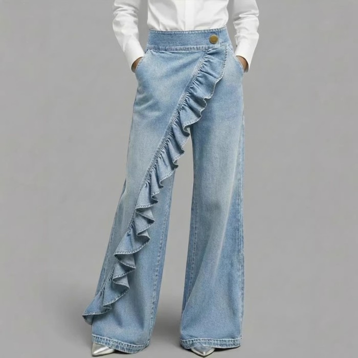 ✨Daily & Street High Waist Asymmetrical Ruffle Wide Leg Denim Pants🌿