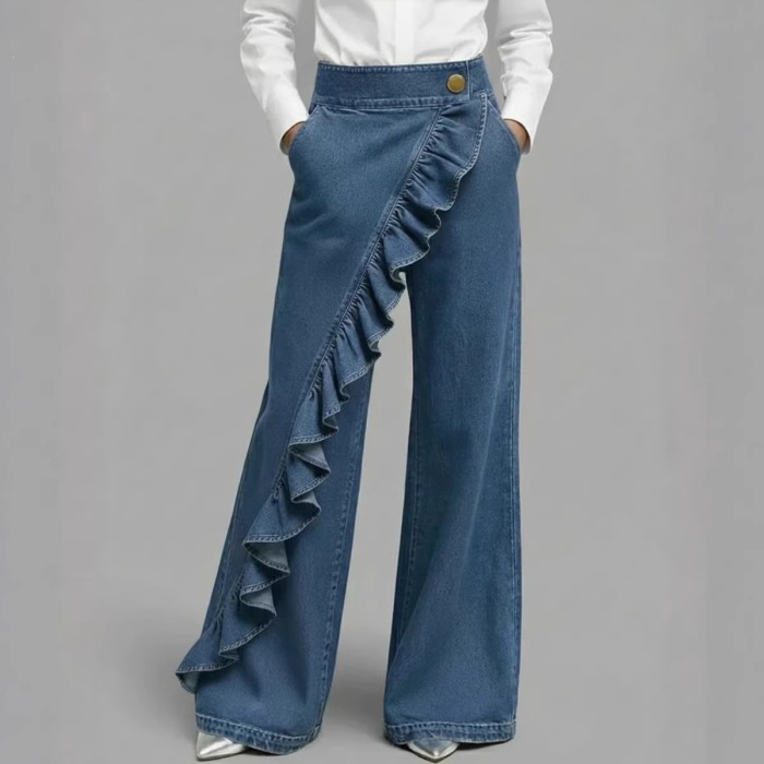 ✨Daily & Street High Waist Asymmetrical Ruffle Wide Leg Denim Pants🌿