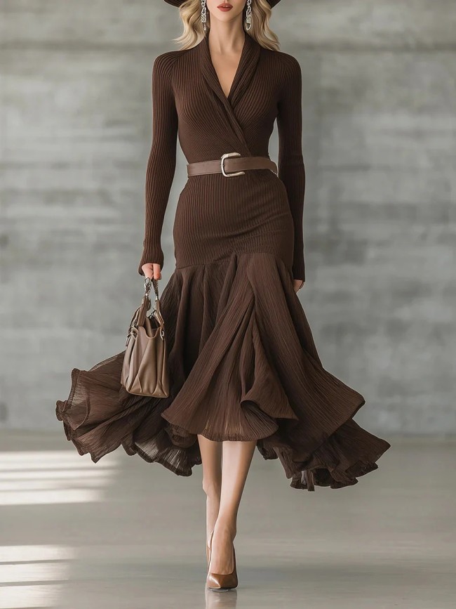 ✨Formal & Party Brown Ribbed Knit Surplice V Neck Midi Dress🤎