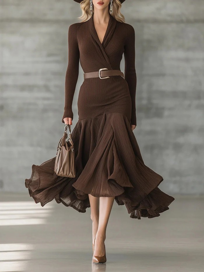 ✨Formal & Party Brown Ribbed Knit Surplice V Neck Midi Dress🤎