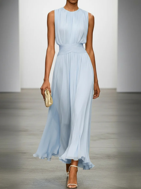 ✨Beach & Party O-Neck High Waist Pleated Sleeveless Long Dress🌊